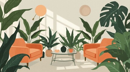 Cozy living room scene with orange armchairs and abundant lush green houseplants