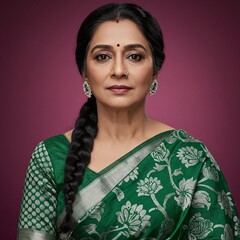An elegant portrait of a woman in a green sari with silver embroidery and a traditional braid.