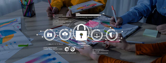 A diverse business team collaborates on a project with colorful graphics and security visuals, focusing on planning, analysis, and creative brainstorming. Trope