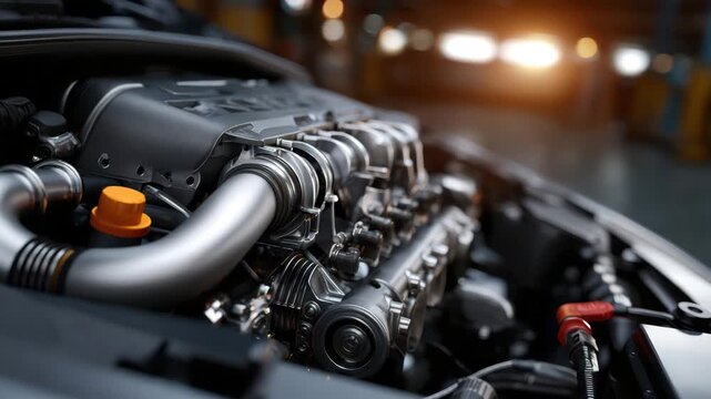 High performance car engine bay with polished metal intake manifold, turbo piping and mechanical component tubing workshop. turbocharger intake manifold aluminum components close up showing