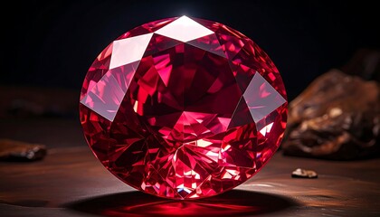 A large, radiant red gemstone with many facets sits on a wooden surface, with a dark backdrop and hints of gold