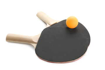Table tennis rackets and ball isolated on white background, closeup