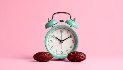 Mint Green Alarm Clock with Dates on Pink Background, 7:00 View