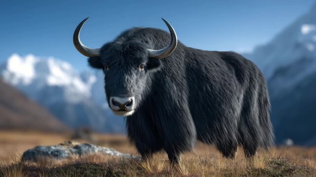 Black yak standing alpine meadow with shaggy black fur and curved horn, grazing livestock bovine against snowy mountain backdrop and dramatic natural light, calm majestic wilderness portrait of grass