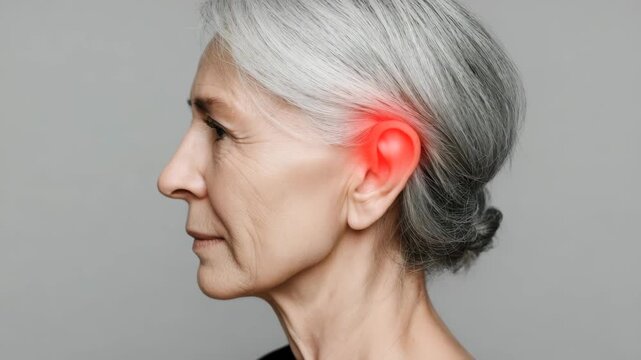 Elderly woman profile portrait with ear pain highlighted red glow, gray hair and silver hair detail, tense expression and wrinkle detail conveying medical inflammation, earache and hearing concern