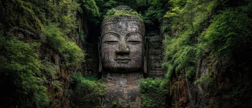 Giant Buddha Carved into Cliffside, Lush Green Foliage