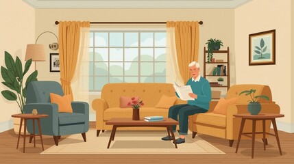 Elderly man relaxing and reading a book in a cozy living room with large windows