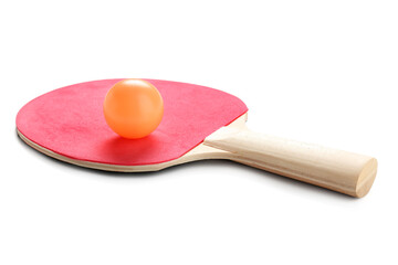Red table tennis racket and ball isolated on white background, closeup