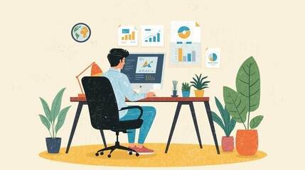 Man working at desk with charts and plants, analyzing data on computer screen