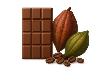 Milk chocolate bar arranged with cacao pods and coffee beans on a transparent background