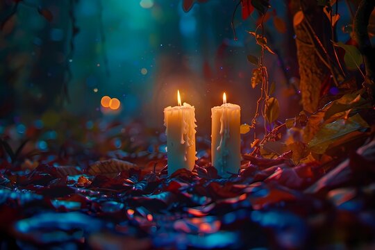 Mabon celebration, candles glowing among autumn leaves, dark forest background, moody cinematic lighting, rich colors
