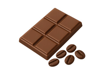 Milk chocolate bar with six segments placed beside five roasted coffee beans on a transparent background