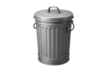 Classic cylindrical metal trash can with fitted lid, top and side handles, ribbed body and galvanized silver finish