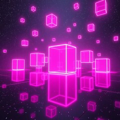Abstract neon pink cubes floating in a dark digital space with starry background