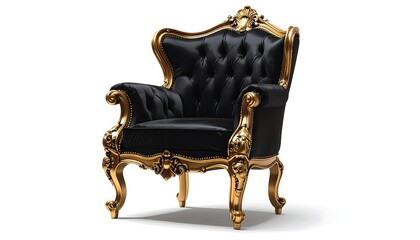 A luxurious, ornate armchair. The black, button-tufted seat contrasts with the gold-colored, detailed frame, and a high back