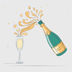 Elegant Champagne Bottle Pouring Golden Bubbly Liquid into a Sparkling Flute Glass, Capturing Festive Celebration and Joyful Moments