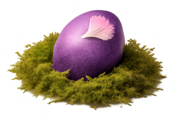 Purple easter egg with flower petal on moss nest