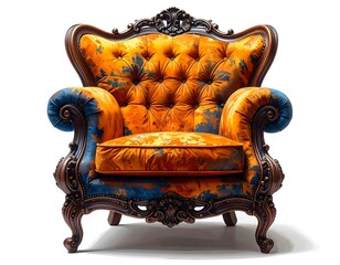 A luxurious, ornate armchair with a richly colored, tufted seat and back. The frame is intricately carved and dark-stained