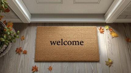 Welcome doormat with autumn leaves scattered on wooden floor by the entrance