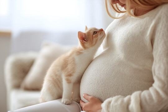 Pregnant woman with kitten, cozy maternity scene, beige tones, light background