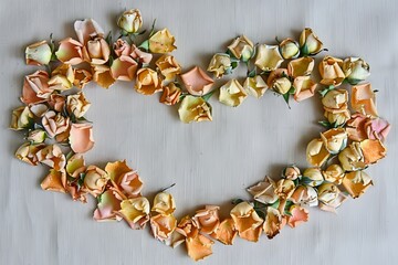 Romantic heart shape made of beautiful rose flowers and petals symbolizing love and affection.