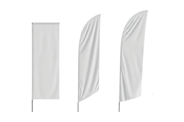 Three white flags mockup on poles, ideal for branding and advertising purposes, offering a clean and modern look for various events and displays