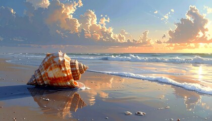 A large seashell rests on a sandy beach, waves gently lap at the shore beneath a bright, cloudy sky at sunset. The sky glows with warm light