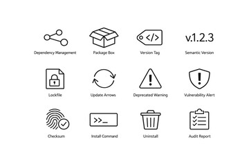 Software development icons: dependency, versioning, security alerts