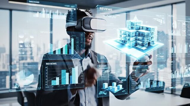 Businessman in modern office using virtual reality headset and controllers