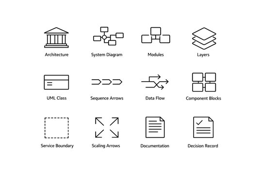 Architecture and system diagram icons set with uml class and data flow design