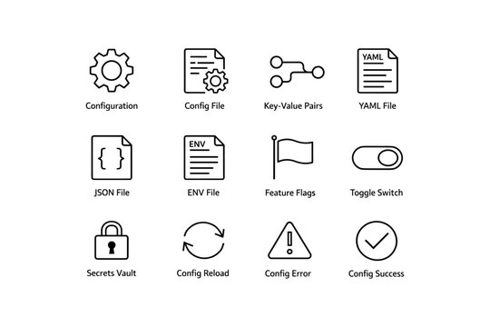 Configuration and file management icons: json, yaml, key-value, secrets vault, toggle switch