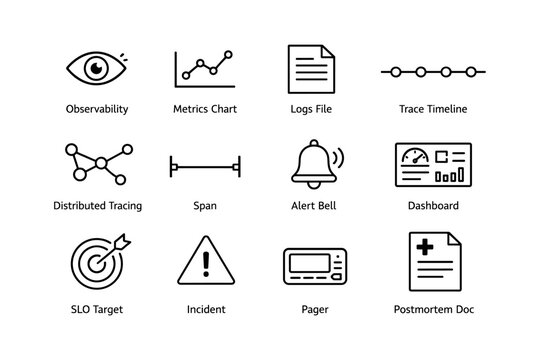 Observability dashboard icons: metrics, alerts, timeline, logs, tracing for it systems