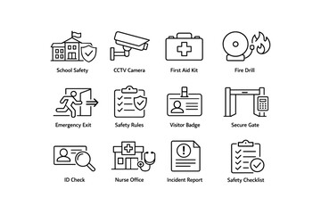 School safety measures and equipment icon set for emergency preparedness
