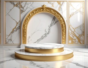 A luxurious pedestal made of marble and gold, displayed in a palatial setting. Sunlight pours in, creating bright reflections
