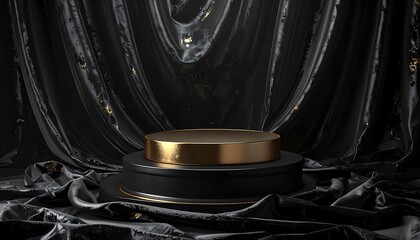 A luxurious pedestal is presented in a dark room. The platform is draped with opulent, flowing fabric. A golden spotlight