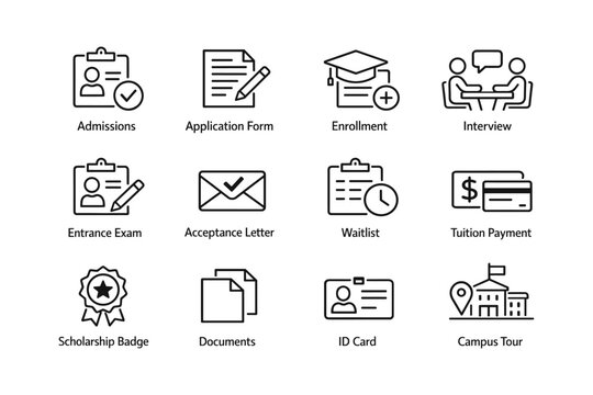 Admissions process icons: application, enrollment, interview, acceptance, tuition