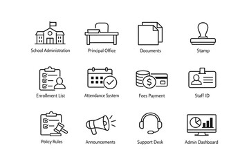 School administration icons: office, documents, enrollment, payments, support