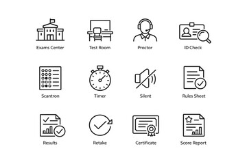 Exams center icons: test room, proctor, id check, scantron, timer, silent, rules sheet, results, retake, certificate, score report