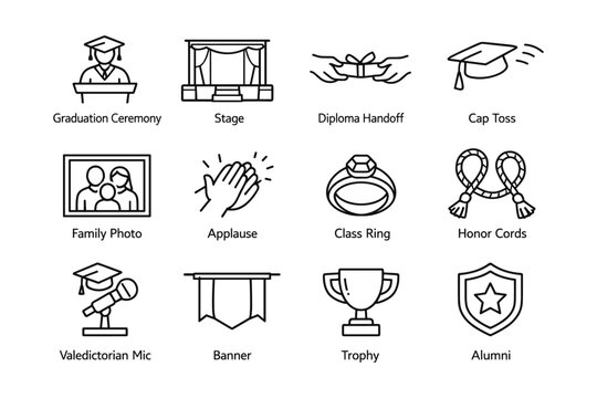 Icon set depicting graduation ceremony elements including diploma, cap toss, and trophy