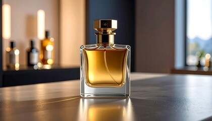 A luxurious perfume bottle with a golden hue sits on a glossy surface. Other bottles are subtly displayed in the background