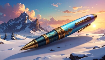 A luxurious pen floats above snowy terrain with mountains and a sunset in the background. Vivid blues and golds