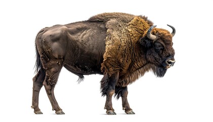 A large, shaggy herbivore stands isolated on a white backdrop, showcasing its massive frame, horns, and shaggy fur