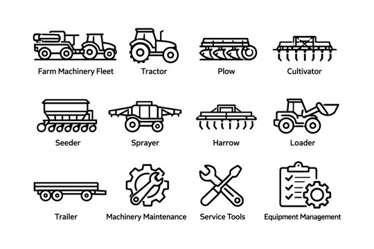 Farm machinery icons: tractor, plow, cultivator, seeder, sprayer, loader