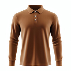 Plain brown long sleeve performance polo shirt 3D mockup showcasing front view for apparel design presentation on white background