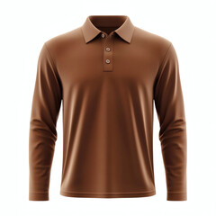 Plain brown long sleeve performance polo shirt 3D mockup showcasing front view for apparel design presentation on white background