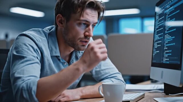 Frustrated programmer dealing with coding issues at office desk