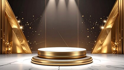 A luxurious stage with a marble podium and golden accents, illuminated by spotlights, featuring sparkling effects
