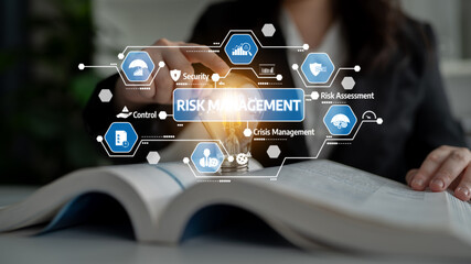 A professional hands-on approach to risk management concepts with an open book showcasing visual elements representing control, security, and assessment in business. Tessel