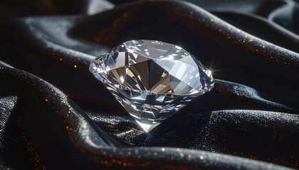 A large, sparkling gemstone sits atop rippling black fabric, reflecting light. The scene is close-up, highlighting its brilliance