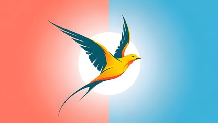 Naklejka premium Stylized bird flying gracefully against a soft gradient background and circular light